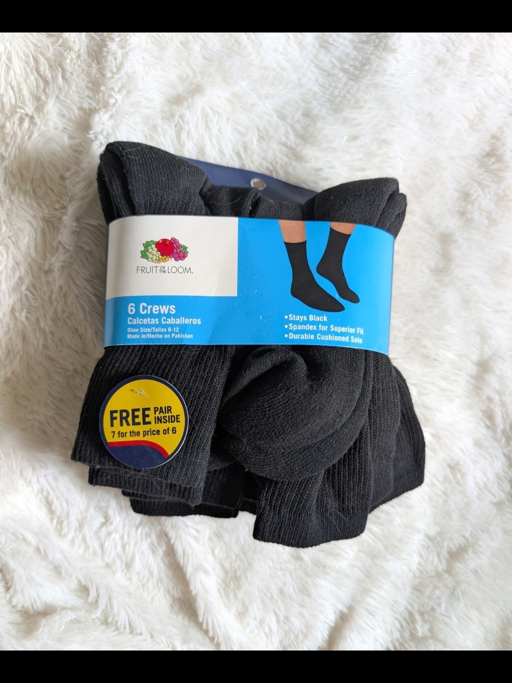 Fruit of the Loom Men’s 7 Pack Brand New Black Crew Socks
